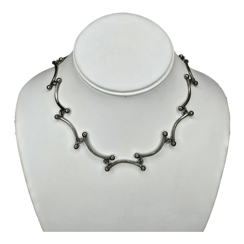 Vintage Collar Necklace Metal Silver 13-16" Grey Modernist Bar Link - Picture 2 of 6